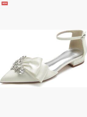 Pointed Toe Satin Wedding Flats with Crystal Ankle Strap Low Heel Bridal Shoes